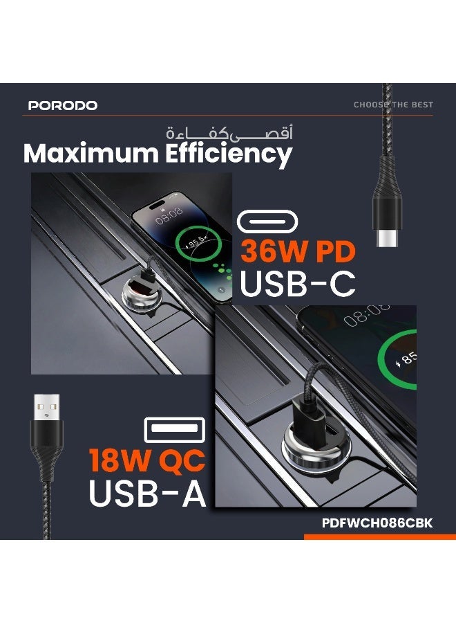 porodo Dual Port Transparent Car Charger with Pull Ring Handle & USB-C to USB-C Cable / PD 36W/ QC 18W/ USB-A & USB-C Ports/Fast Charging/ Sleek & compact Flush-Fit Design/Universal Compatibility - Black - Image 3